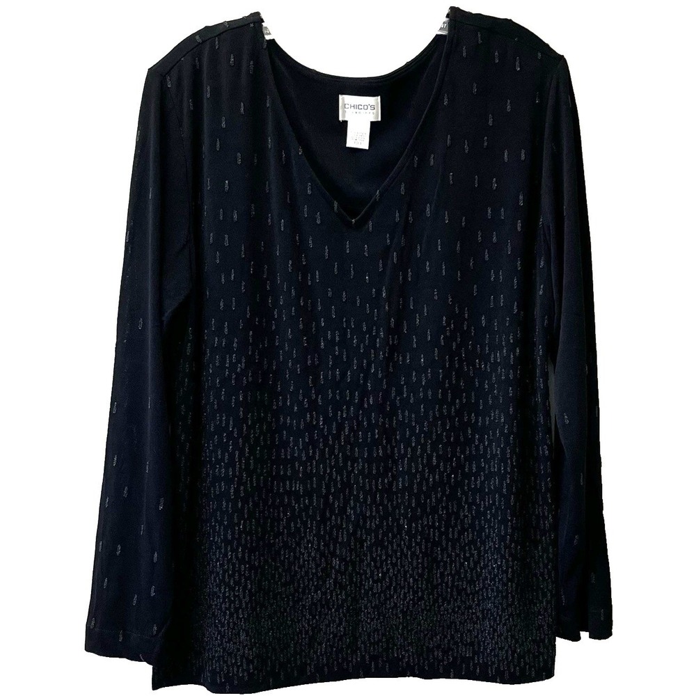 Chico's Travelers Womens Blouse Size 3 (XL/16) Black Beaded Stretch Long Sleeve